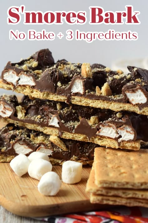 Recipes With Marshmallows And Graham Crackers, S’mores Candy Bark, S’more Chocolate Bark, Recipes With Graham Crackers And Marshmallows, Desserts With Melted Chocolate, No Bake Marshmallow Treats, S’mores Chocolate Bark, S’mores Bark Recipe, S’mores Christmas Bark