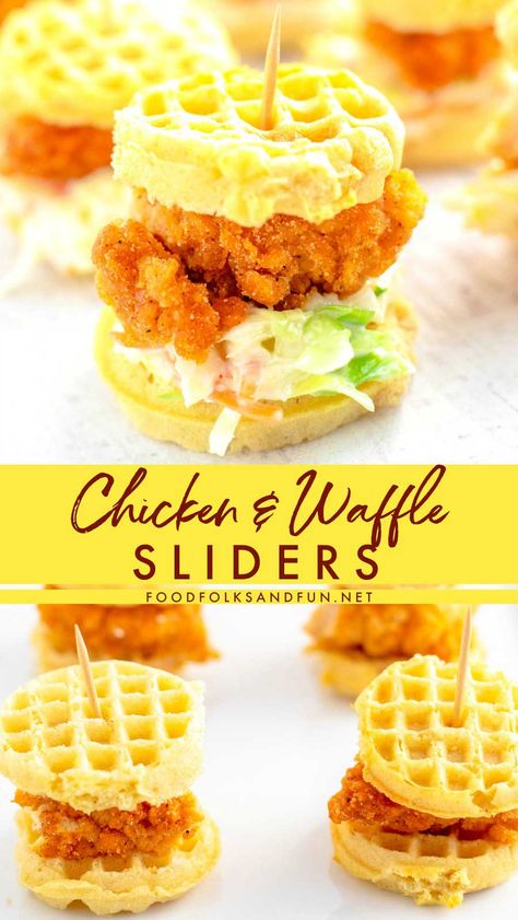 These Chicken and Waffle Sliders are the easiest game day, Super Bowl, or party food recipe that you will make! They're quick & easy to make and they're always a crowd pleaser. via @foodfolksandfun Chicken And Waffle Sliders, Waffle Brunch, Waffle Sliders, Comfort Food Chicken, Nacho Bar, Bowl Party Food, Frozen Waffles, Easy Brunch Recipes, Mini Sandwiches