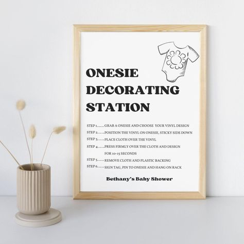 Onesie Station Sign - Decorate a Onesie Baby Shower Activity Instructions - Heat Press and Vinyl - Editable Digital Canva Template Baby Shower Decorate Onesies, Decorate A Onesie, Onesie Decorating Station, Onesie Station, Onesie Decorating, Baby Shower Activity, Baby Shower Activities, Unique Baby Shower, Gender Neutral Baby Shower