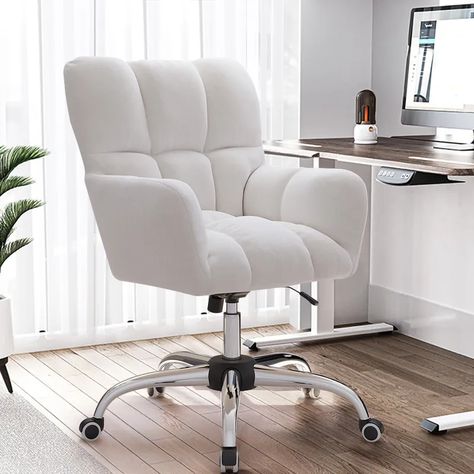 Modern White Office Chair Upholstered Cotton & Linen Swivel Task Chair Height Adjustable Wiggle Chair, Bedroom Desk Chair, White Desk Chair, Desk Chair Comfy, Cute Desk Chair, Comfortable Desk, Working Desk, White Office Chair, Modern Office Chair