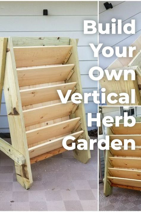 Give your green thumb what it's been looking for with this perfect herb garden built it yourself project. garden | gardening | herb garden | build | planter | diy planter |  diy planter build #gardeningtips #herbgarden #verticalgarden #verticalplanters Raised Herb Garden Design, Herb Gardens For Small Spaces, Build Herb Planter, Herb Rack Ideas, Deck Herb Garden Ideas Planters, Diy Vertical Herb Garden Outdoor, Garden Planter Ideas Diy, Tiered Herb Planter, Upright Herb Garden