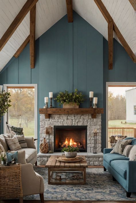 farmhouse style living room, cozy fireplace design, interior design farmhouse inspired, home decor farmhouse, farmhouse living room ideas, cozy living room design, farmhouse fireplace design Brick Fireplace Blue Walls, Farmhouse With Color Living Room, Blue Farmhouse Living Room Ideas, Lake House Living Room Ideas Cozy, Vermont Interior Design, Living Room With Fireplace Design Ideas, Living Room Designs Craftsman, Country Blue Living Room, Blue Fireplace Wall