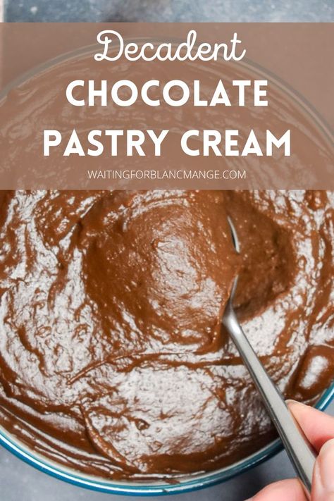 Spooning out some chocolate pastry cream from bowl. Chocolate Pastry Cream, Pastry Cream Recipe, Chocolate Custard, Chocolate Creme, Chocolate Pastry, Pastry Cream, Creamy Chocolate, Decadent Chocolate, Easy Chocolate