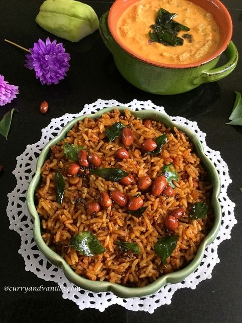 Tamarind Rice South Indian, South Indian Rice Recipes, Indian Rice Recipes Vegetarian, Dosha Recipes, Tamarind Paste Recipes, Rice Pressure Cooker, Indian Sides, South Indian Vegetarian Recipes, Tamarind Rice