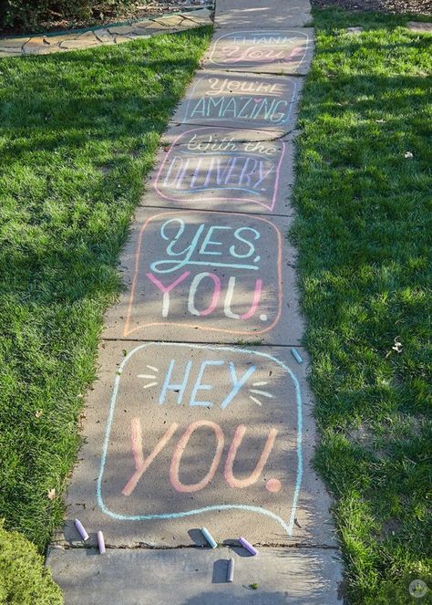 Sidewalk chalk messages: Tips and ideas from Hallmark artists - Think.Make.Share. Chalk Drawings Sidewalk 3d Street Art, Teacher Chalk Art, Chalk Messages Sidewalk, Spring Sidewalk Chalk Art, Chalk Inspiration Sidewalk, Inspiring Chalk Art, Motivational Chalk Art, Mental Health Chalk Ideas, Christian Sidewalk Chalk Art