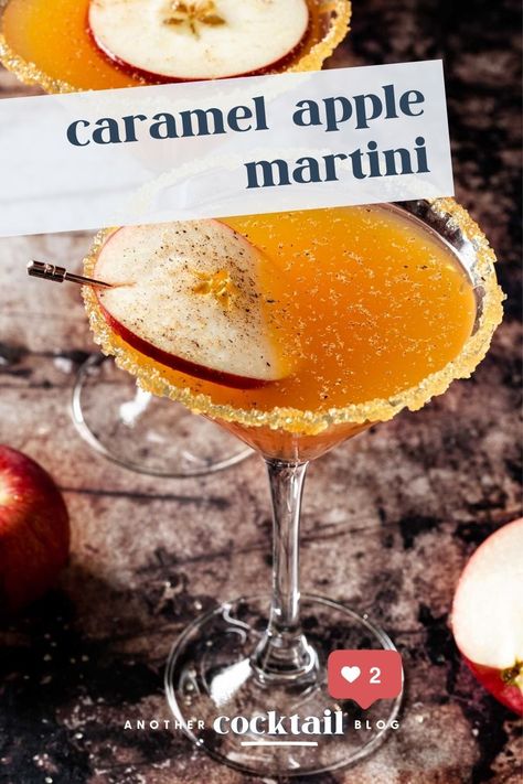 This simple caramel apple martini is the perfect sweet cocktail for fall. It tastes just like you favorite fall treat, but you can make it anytime you want. Garnish with a slice of apple, a brown sugared rim and some freshly grated nutmeg for a finishing touch. Apple Martinis, Cotton Candy Martini, Candy Corn Jello Shots, Caramel Apple Martini, Blackberry Margarita, Sweet Cocktail, Apple Cocktail, Apple Martini, Sweet Cocktails