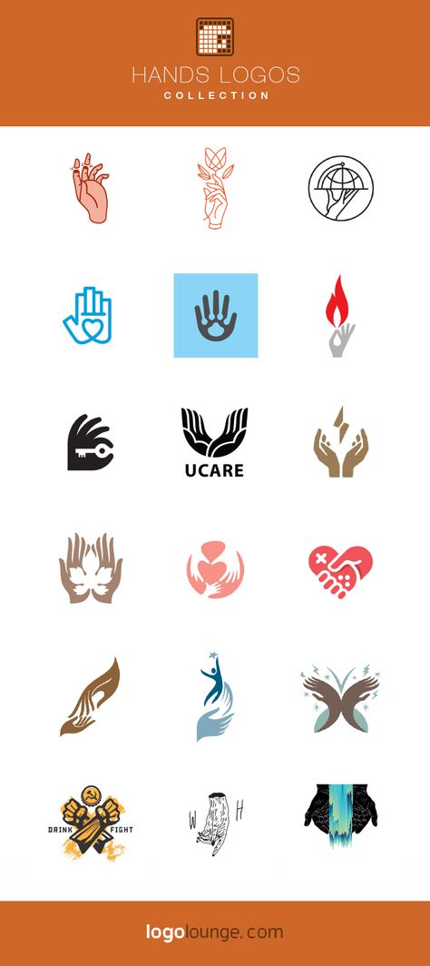 Logo Collection: Hand Hand Logos Ideas, Finger Logo Design, Hands Logo Design Ideas, Hand Logo Design Ideas, Hands Graphic Design, Healing Hands Logo, Hand Icon Logo, Eco Branding, Luxe Logo