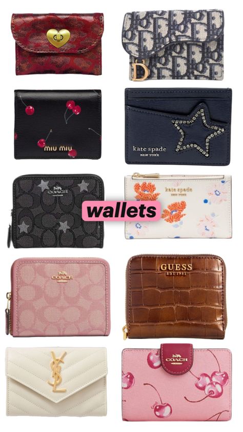 follow and comment if u wanna see more fashion collages. these wallets are all super cute!! wallets, kate spade, guess, miu miu, ysl, mini wallets, small wallet, dior wallet, guess wallet, 10 wallets in a wallet collage. Pretty Wallet Aesthetic, Small Wallet Aesthetic, Cute Wallet Aesthetic, Aesthetic Wallet, Wallet Inspiration, Wallet Guess, Dorm Closet, Guess Wallet, Wallet Cute