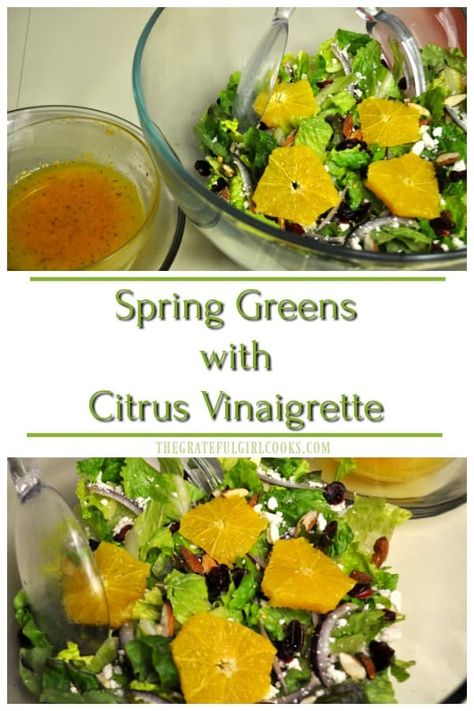 Long pin for Spring greens with citrus vinaigrette Citrus Green Salad, Green Salad With Oranges, Spring Greens Salad, Citrus Vinaigrette Dressing, Salad With Oranges, Healthy Low Calorie Recipes, Garden Salads, Citrus Salad Dressing, Easter Picnic