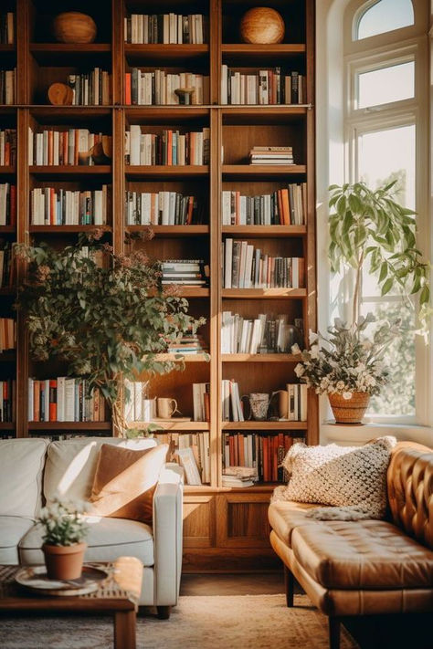 Natural Library, Classy Library, Reading Lounge Room, Library Aesthetic Modern, Nature Library Aesthetic, Rustic Library Aesthetic, Bookshelf Living Room, Bookworm House Aesthetic, Boho Library Room