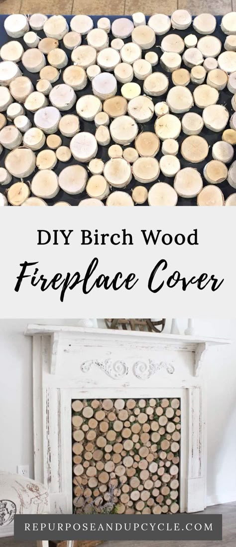 Birch Fireplace Insert, Fireplace Wood Decor, Fake Wood Fireplace Logs, Antique Faux Fireplace, Fireplace Insert Ideas Diy, Wood Slice Fireplace Cover, Birch Wood Fireplace, Faux Wood Fireplace Insert, Faux Fireplace With Wood Rounds