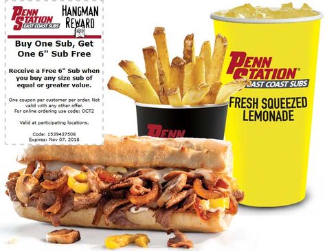 Pinned October 19th: Second sub sandwich #FREE at #PennStation #TheCouponsApp Fresh Cut Fries, Fresh Squeezed Lemonade, Restaurant Deals, Penn Station, Sub Sandwiches, Delicious Sandwiches, Philly Cheese Steak, Fresh Cut, Pulled Pork