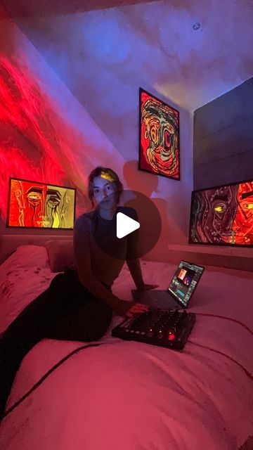 Lucinda Dilly on Instagram: "Projection mapping setup - new bedroom edition 🌀💚❤️ Tears of Resistance, Wired Reality, & Confronting Tides (left to right) from my collection of art Artificial Impression🖼️👩‍💻 Created using my optoma projector, @kaiber.ai, @mad_mapper & @vidvox 👩‍💻 #immersiveart #digitalartist #projectionmapping #projectionmappingart #ai #animation #visualeffects #creativeprocess" Projector In Bedroom, New Bedroom, Projection Mapping, Visual Effects, Creative Process, My Collection, Projector, Digital Artist, Digital Art