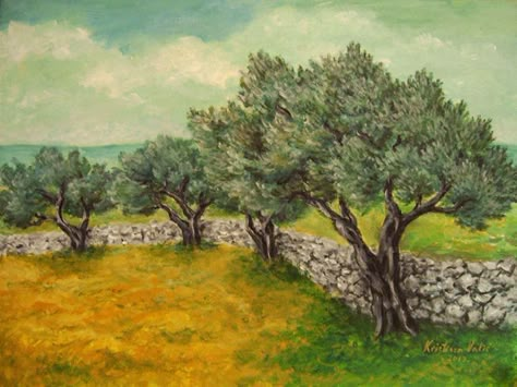 Painting on canvas with acrylic Olive Tree Care, Olive Trees Landscape, Olive Tree Painting, Tree Acrylic Painting, Growing Olive Trees, Dream Garden Backyards, Modern Water Feature, River Rock Garden, Front Lawn Landscaping