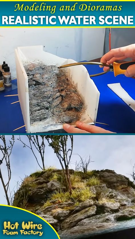 Merrick of High Eye Workshop made this diorama with realistic-looking water effects as part of a YouTube tutorial, using foam as the base. #diorama #riverdiorama #realisticwater #dioramabuilding #styrofoam River Diorama, Clay Diorama, Diorama Tutorial, Christmas Village Diy, Foam Factory, Modelling Ideas, North Pole Christmas, Train Kit, Model Railway Track Plans