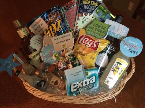 Co worker leaving gift basket, pretty proud of myself!                                                                                                                                                                                 More Work Promotion Gift Basket, Gift Basket Ideas For Coworkers Leaving, Goodbye Gifts For Coworkers Diy Basket, Co Worker Farewell Gift Ideas, Gift Basket For Coworker Leaving, Co Worker Gift Basket, Employee Leaving Gift Ideas, Coworker Leaving Gift Basket, Custodian Appreciation