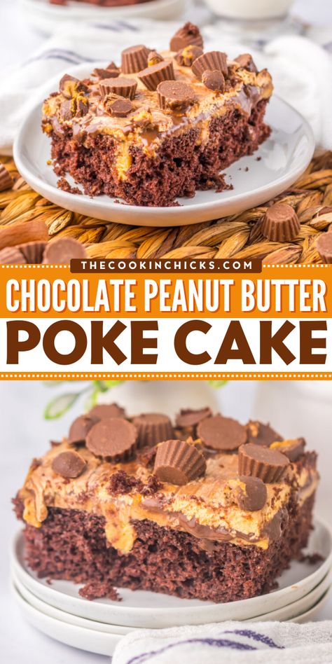 This easy Chocolate Peanut Butter Poke Cake recipe is the ultimate dessert to enjoy for any occasion! Moist chocolate cake with a peanut butter filling, chocolate frosting, and of course, Reese’s peanut butter cups on top! Reeses Poke Cake Recipe, Peanut Butter Dirt Cake, Peanut Butter Reese’s Cake, Easy Chocolate Peanut Butter Desserts, Desert Lasagna, Peanut Butter Dump Cake, Chocolate Pudding Poke Cake, Chocolate Peanut Butter Poke Cake, Peanut Butter Poke Cake