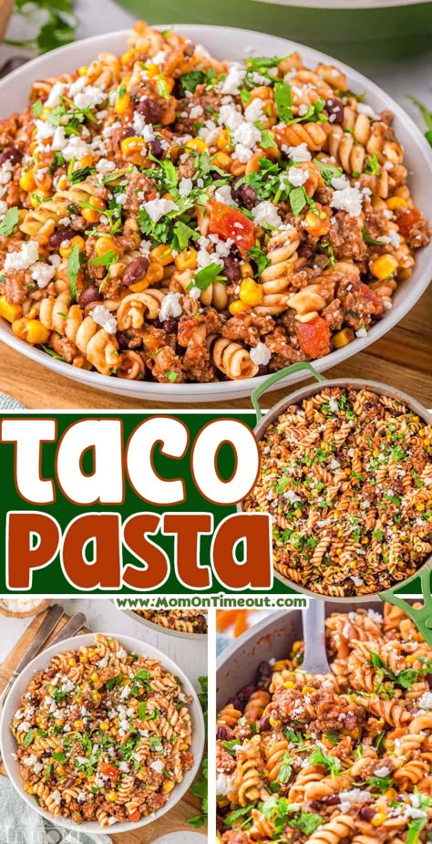 This irresistible Taco Pasta recipe is quick, easy and bursting with flavor – sure to spice up your weeknight dinner routine! Ready in just 25 minutes, this easy recipe combines rich, savory taco flavors with the comfort of pasta. Customize with your favorite toppings for a meal that’s as fun as it is flavorful! | MomOnTimeout.com Out Of The Box Dinner Ideas, Fast Easy Supper, Fast Dinner Recipes Quick Meals, Pescatarian Recipes Healthy, Taco Pasta Recipes, Mexican Pasta, Slow Cooker Appetizers, Taco Pasta, Fast Dinners