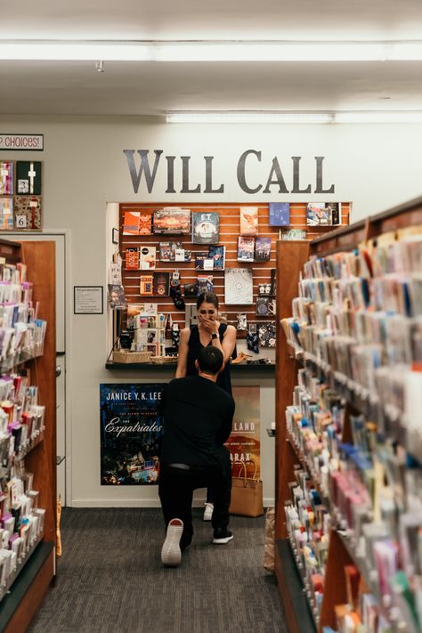 Emotional Bookstore Proposal! Book Proposal Ideas, Bookstore Proposal, Bookstore Engagement Shoot, Bookstore Wedding Photos, Library Proposal, Proposal Book, Book Proposal, Proposal Planning, Best Wedding Proposals