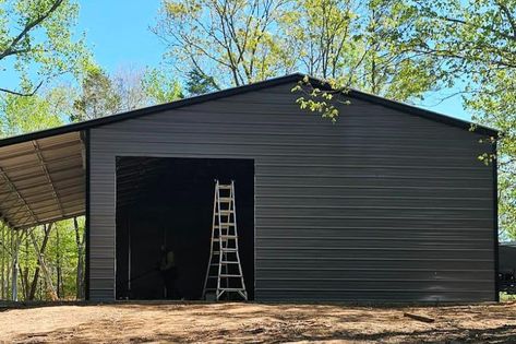 Metal Building Color Scheme Visualizer [and Color Chart] Painted Metal Building, Metal Building Exterior Colors Schemes, Black Metal Garage Buildings, Metal Barns Exterior, Burnished Slate Metal Building, Pole Barn Colors Scheme, Barn Colors Scheme Exterior, Metal Building Colors Schemes, Black Pole Barns