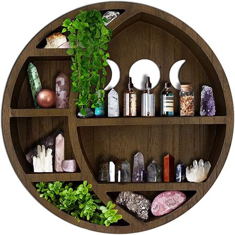 Shelf For Crystals, Display Shelves Decor, Essential Oil Display, Crystal Display Shelf, Oil Display, Moon Shelf, Wooden Moon, Wall Shelves Bedroom, Essential Oil Shelf