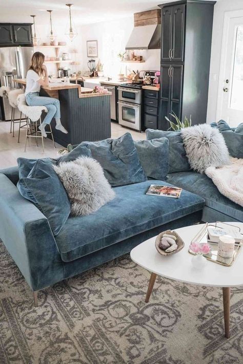 Furnitur Ruang Keluarga, Living Room Reveal, Hiasan Bilik Tidur, Sofa L, Living Room Renovation, Rove Concepts, Set Sofa, Room Renovation, Blue Living Room