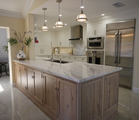 White Kitchen with Driftwood Peninsula White Kitchen With Wood Peninsula, White Kitchen Cabinets With Stained Wood Islands, Peninsula Island Kitchen, Wood Peninsula Kitchen, Wood Stained Island White Kitchen, Shiplap Kitchen Island With Oak Cabinets, Kitchen Island Table Combination, Driftwood Kitchen, Peninsula Kitchen