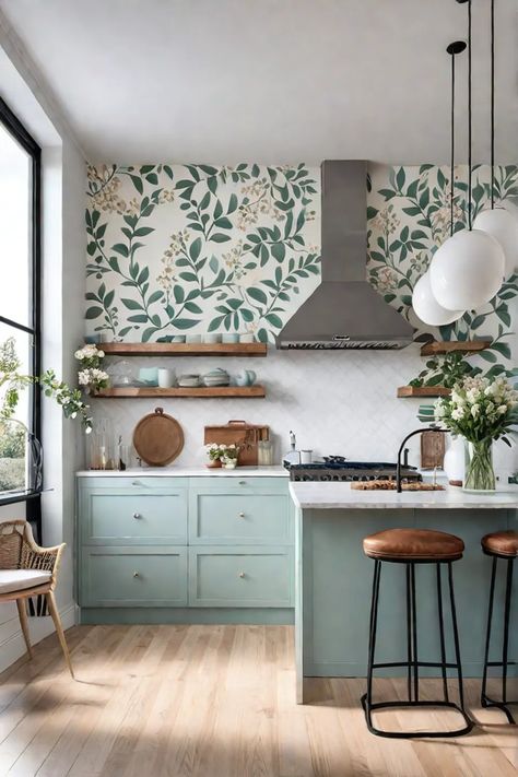 Stenciled accent wall with floral pattern in a Scandinavianinspired kitchen Wallpaper Backsplash Farmhouse, Kitchen Cabinets With Wallpaper Inside, Kitchen With Wallpaper Accent Walls, Wallpaper In The Kitchen, Accent Walls In Kitchen, Wallpaper Kitchen Accent Wall, Sage Kitchen Walls, Kitchen Wallpaper Ideas Accent Wall, Wallpapered Kitchen