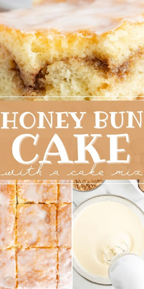 This delicious Honey Bun Cake is simple to make thanks to the box of yellow cake mix and a few ingredients that make it taste 'homemade'. If you love those iconic Little Debbie Honey Bun Snack Cakes then this easy cake recipe is a must-make! Honey Bun Cake Recipe Betty Crocker, Coffee Cake With Yellow Cake Mix Boxes, Honey Bunny Cake, Easy Honeybun Cake, Honeybun Cake With Box Cake, Honey Bun Cake With Cream Cheese, White Cake Mix Breakfast Recipes, Honey Bun Cake Recipe Easy, Dessert Recipes Using Buttermilk