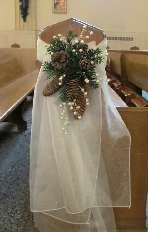 50+ Winter Wonderland Wedding Ideas You'll Love - HubPages Pinecone Wedding Decorations, Pew Decorations, Wedding Pews, Winter Wedding Planning, Christmas Wedding Ideas, Church Pew, Winter Wedding Decorations, December Wedding, Winter Wedding Inspiration