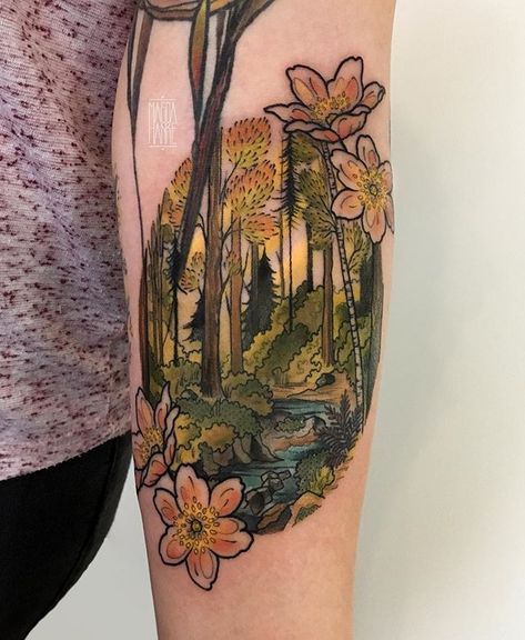 Art Inspired Tattoos, Forest Tattoo, Tattoo Apprenticeship, Mushroom Tattoos, Nature Tattoo, Forest Tattoos, Landscape Tattoo, Upper Arm Tattoos, Botanical Tattoo