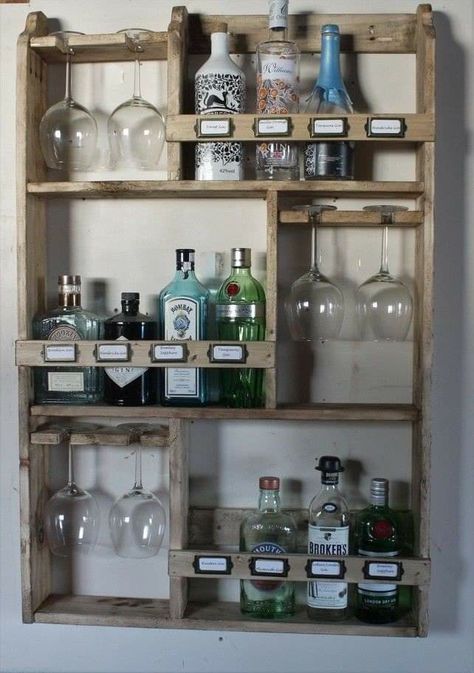 Gin Cupboard, Diy Wine Rack Design, Wine Rack Inspiration, Wine Rack Ideas, Bar Pallet, Wine Rack Projects, Drink Shelf, Wine Glass Shelf, Wine Rack Design