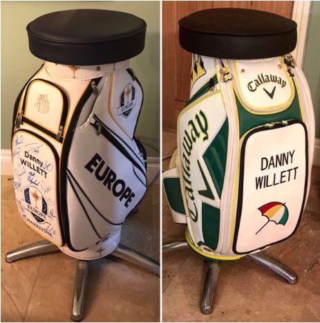 Golf Bag Repurpose, Repurposed Golf Clubs, Golf Bar Ideas, Backyard Golf Ideas, Golf Garage, Golf Club Crafts, Gentlemens Room, Golf Furniture, Golf Club Art