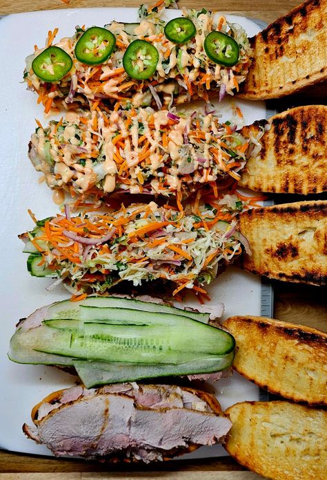 Pork Bahn Mi - Homemade on a Weeknight Bahn Mi Burgers, Bahn Mi Sandwich Recipes, Banh Mi Marinade, Ban Mi Sandwich Recipe Pork, Pork Belly Bahn Mi Sandwich, Bahn Mi Marinade, Bahn Mi Sauce, Bah Mi Sandwich, Bahn Mi Pork