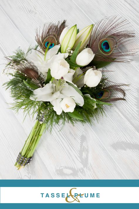 Wedding Flowers With Peacock Feathers, Peacock Feather Boutonniere, Peacock Feather Flower Arrangements, Wedding Bouquet With Peacock Feathers, Peacock Flower Bouquet, Bouquet With Peacock Feathers, Peacock Feather Bouquet, Peacock Wedding Flowers, Peacock Wedding Bouquet