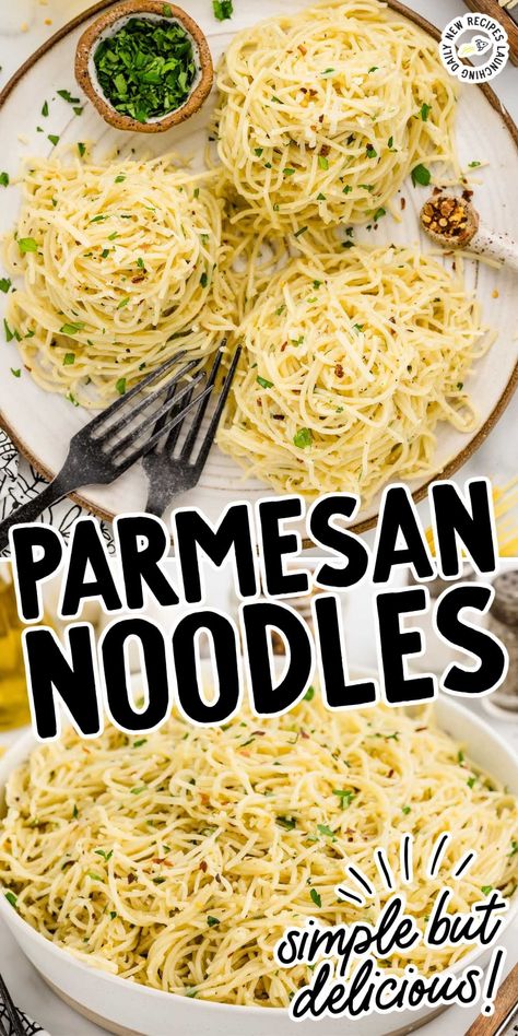 Quick and easy Parmesan Noodles ready in 25 minutes. Made with garlic, butter, and parmesan cheese, it's perfect for a weeknight dinner or tasty side dish. Parmesan Noodles Side Dish, Noodles With Parmesan Cheese, Creamy Noodles Side Dish, Noodle Sides, Parmesan Noodles Recipe, Garlic Parmesan Noodles, Chicken Recipes Pasta, Pasta Side Dishes Easy, Buttery Noodles