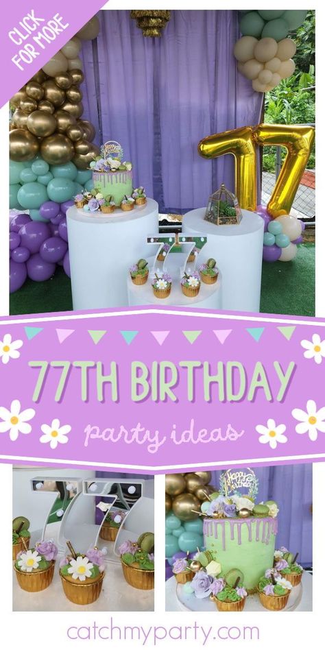 Don't miss this fabulous 77th birthday party! Love the cupcakes! See more party ideas and share yours at CatchMyParty.com 77 Birthday Party Ideas, 77th Birthday Party Ideas For Mom, 87th Birthday Party Ideas, 77th Birthday Party Ideas, 77th Birthday Cake, 77 Birthday, 77th Birthday, 76th Birthday, Birthday Ideas For Her