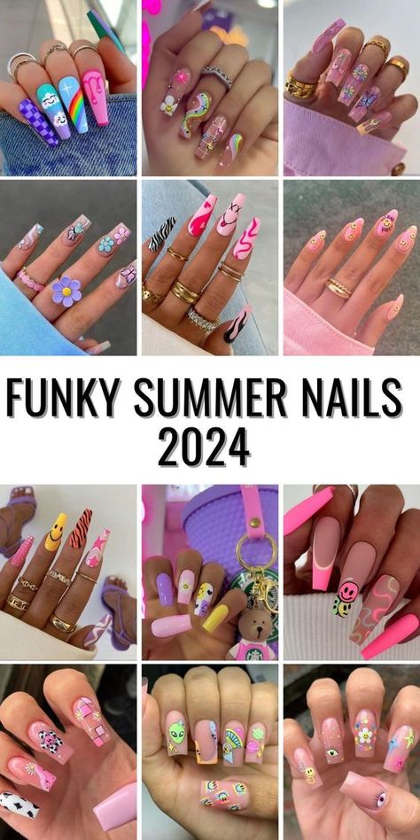 Embrace the trends of summer almond nails 2024 with designs that blend the latest in nail art with timeless elegance. From the bright, neon hues that make a statement to the subtle charm of French tips, these designs cater to every nail type and preference. With a rich palette of colors, including pink, blue, green, and orange, you can find the perfect design to reflect your mood and style this summer. Hot Nail Designs Summer, Bright Colorful Nail Designs, Color Pop Nails, Patterned Nail Designs, Latest Nail Designs Trends 2024, Funky Bright Nails, Funky Nails 2024, Summer Nail Designs 2024 Pink, Throwback Nail Designs