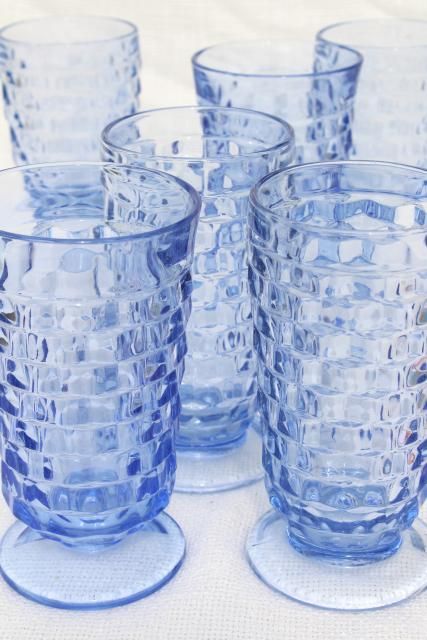 vintage Whitehall cube pattern footed tumblers, pale sapphire blue glass drinking glasses Antique Drinking Glasses, Blue Glass Cups, Whitehall Glassware, Colorful Glassware Antique, Blue Drinking Glasses, Blue Vintage Glassware, Vintage Blue Glassware, Glass Drinking Glasses, Glassware Vintage