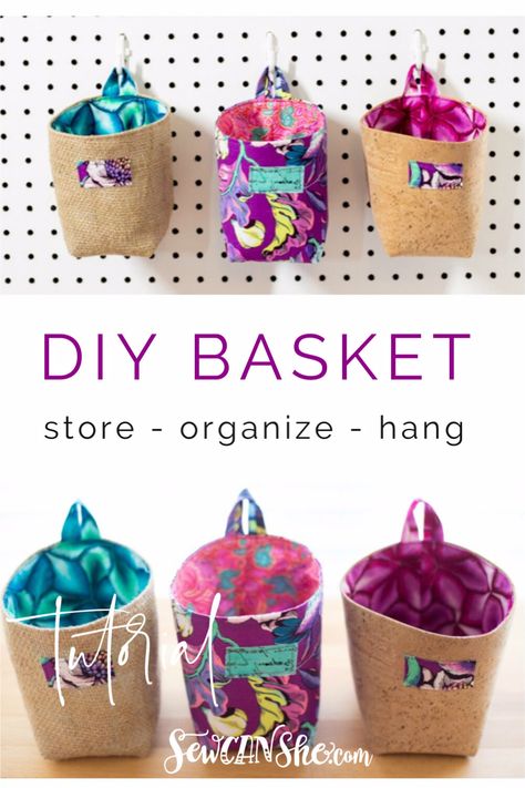 Sew a Cute Organizing Basket - free sewing tutorial Storage Pods Sewing Pattern Free, Cloth Baskets Diy How To Make, Storage Pods Free Pattern, Pegboard Baskets, Diy Sy, Fabric Bowls, Free Sewing Patterns, Sew Ins, Hanging Fabric