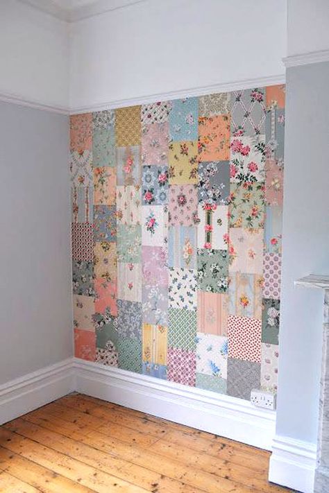 Patchwork Wallpaper PiecesThis quilt tutorial is available for free...  Full post: Tuesday Ta-Dah! Patchwork Wallpaper, Sewing Spaces, Vintage Bedroom, Vintage Nursery, Bathroom Redo, Sewing Rooms, Bedroom Vintage, Vintage Wallpaper, My New Room