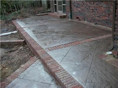 Concrete and brick patio idea 2 Concrete Porch With Brick Edge, Cement And Brick Patio Ideas, Concrete Brick Stamp, Concrete And Brick Patio, Small Covered Patio, Concrete And Brick, Concrete Stain Patio, Patio Images, Concrete Patio Makeover