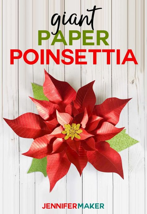 Giant Paper Poinsettia Fllower Pattern made on a Cricut! Free SVG cut files and pattern #cricut #papercrafts #paperflowers #holidaydecor Paper Poinsettias Diy, Paper Flowers For Christmas, Christmas Poinsettia Decorations, Poinsettia Flower Paper, Paper Pointsetia Diy, Cricut Poinsettia Paper Crafts, Giant Poinsettia Paper Flowers, Ponsietta Flowers Template, Paper Pointsetia