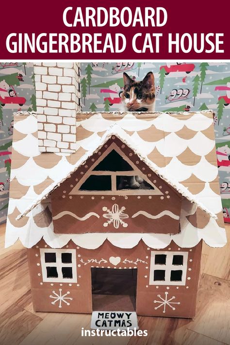 Cat House Diy Cardboard, Gingerbread Cat, Cardboard Gingerbread, Cardboard Gingerbread House, Large Cardboard Boxes, Cardboard Cat House, Cardboard Cat, Cat House Diy, Cardboard House