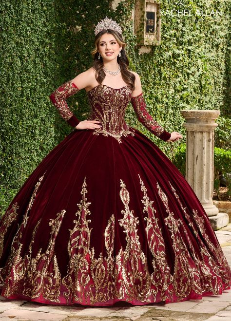 Red And Gold Quinceanera Dresses Long Sleeve, Velvet Ball Gown, Bell Sleeve Wedding Dress, Long Strapless Dress, Royal Train, Quince Stuff, Quinceanera Planning, Mary's Bridal, Red Quinceanera Dresses