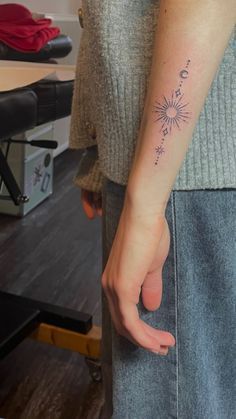 Line Forearm Tattoos For Women, Celestial Wrist Tattoo, Celestial Arm Tattoo, Fine Line Forearm Tattoo Women, Tiny Line Tattoos, Celestial Back Tattoo, Fine Line Forearm Tattoo, Tattoos Celestial, Coraline Flash Tattoo