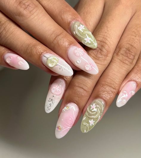 Sakura green tea 🍵 she’s off to Japan! ✧ : *✧ ib @oaklestudio :* ✧ *✧: #gelnails #nailinspo #nailinspiration #nailart #naildesigns #nailartinspo #nailsoftheday #gelx #gelxnails #apresgelx #handpaintednails Sakura Gel Nails, Pink Cherry Blossom Nails, Sakura Nails Design, Japan Nails Design, Cherry Blossom Nails Design, Sakura Nails, Japan Nails, Blossom Nails, Concert Nails