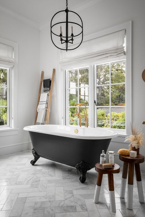 An Escape To The French Countryside - Decoholic Classic White Bathrooms, Herringbone Tile Floors, French Country Bathroom, French Country Design, Gorgeous Houses, Country Bathroom, French Architecture, Huge Windows, White Marble Countertops