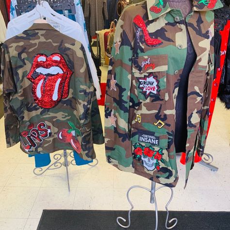 Theses Jackets Are Custom Made So Every One Of Them Are Different! So Please Allow Time For Customization. Thank You. Camo Jacket With Patches, Denim Jeans Diy, Camp Clothing, Army Camo Jacket, Tshirt Images, Army Clothing, Business Prayer, Jacket With Patches, Jean Jacket Patches