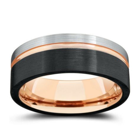 Beautiful crafted triple tone tungsten men's wedding ring with an 18k rose gold interior. Silver and black textured top with a carved channel groove. See more here: https://northernroyal.com/collections/brushed-tungsten-rings/products/mens-three-tone-tungsten-wedding-band-with-pipe-cut-design Hunting Wedding Rings, Gold Mens Wedding Band, Rose Gold Mens Wedding Band, Mens Wedding Rings Tungsten, His And Hers Wedding Bands, Ring Engraving, Blue Diamond Engagement Ring, Rose Gold Diamond Ring Engagement, Engagement Rings Twisted